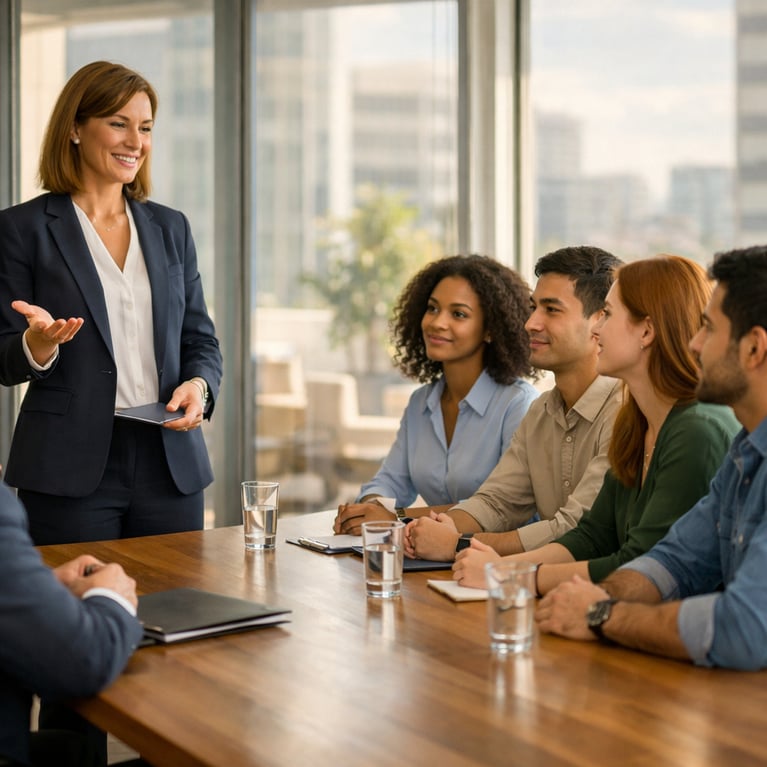 In a modern sunlit conference room a poised professional recruiter stands confidently by a sleek wooden table gesturing towards a diverse group of can