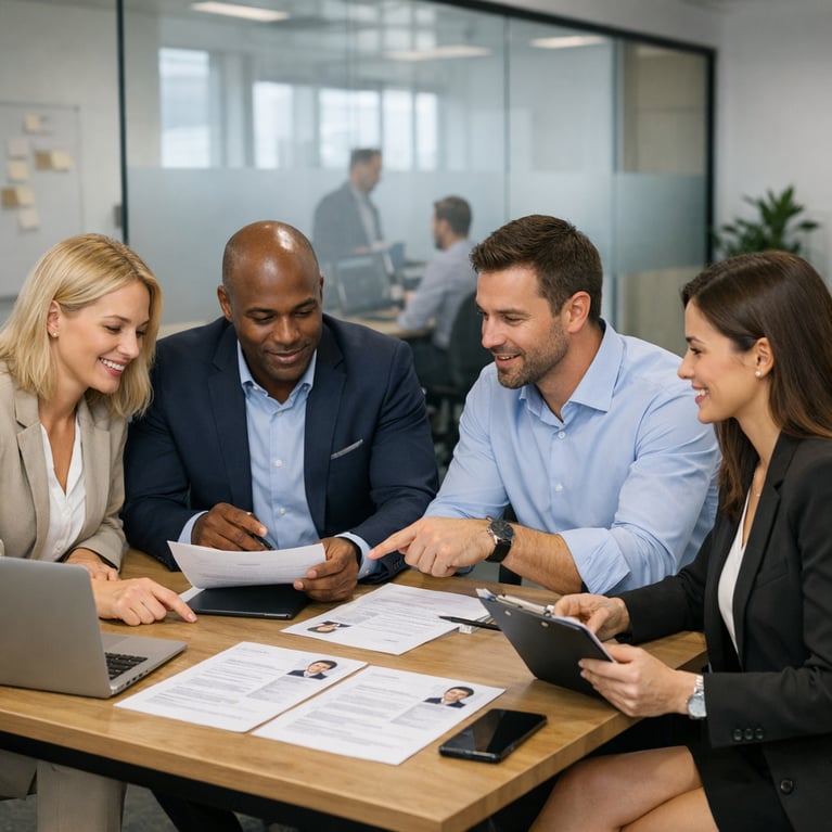 Professional recruitment team collaborating in modern office workspace