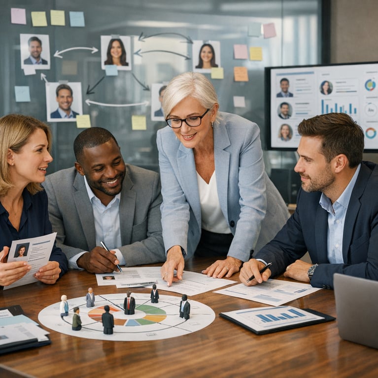 Professional recruitment team collaborating on candidate placement strategy