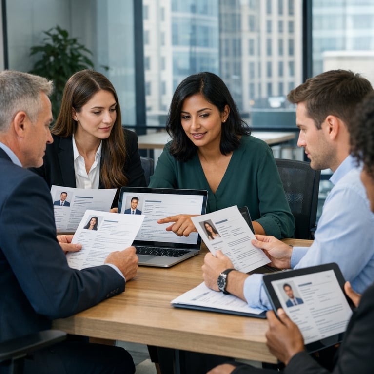 Professional recruitment team reviewing candidate profiles in modern office setting